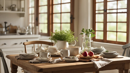 Photo the essence of a tranquil breakfast scene at farmhouse kitchen table it's a simple cup of coffee or a hearty breakfast spread