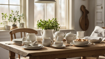 Photo the essence of a tranquil breakfast scene at farmhouse kitchen table it's a simple cup of coffee or a hearty breakfast spread