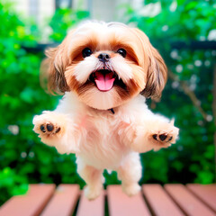 Cachorro de pequeno porte com detalhes marrons, shtizu. Cachorro pulando.