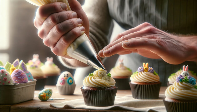 Konditor verziert Cupcakes mit Ostermotiven