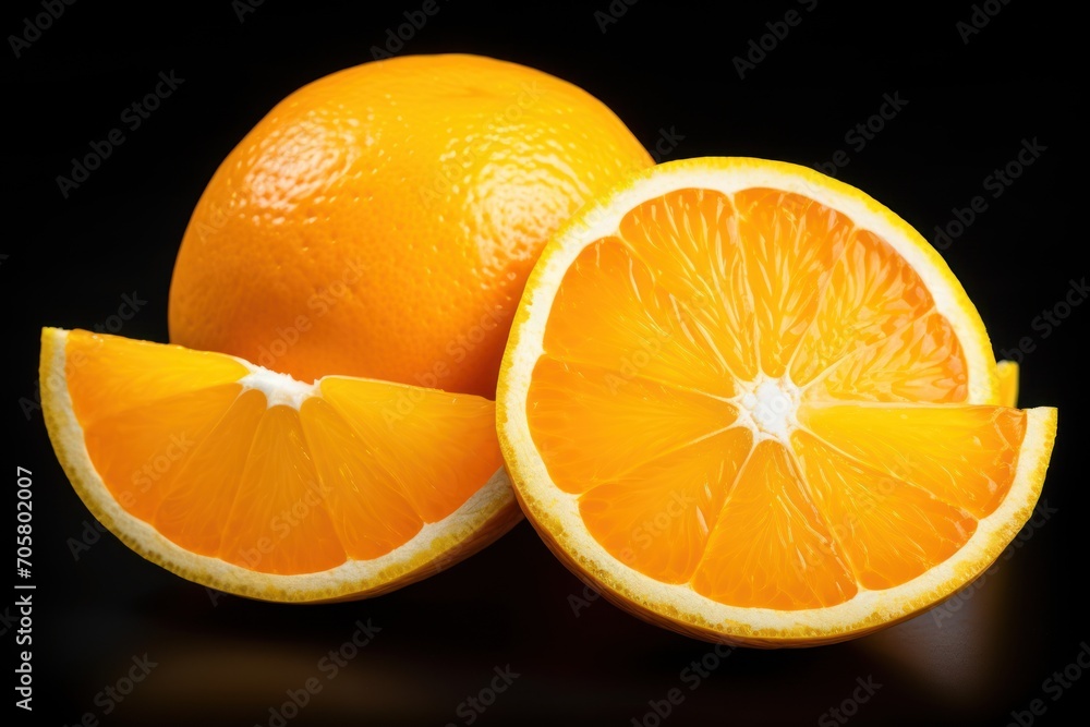 Poster a close up of two oranges cut in half on a black background with one cut in half and the other half 