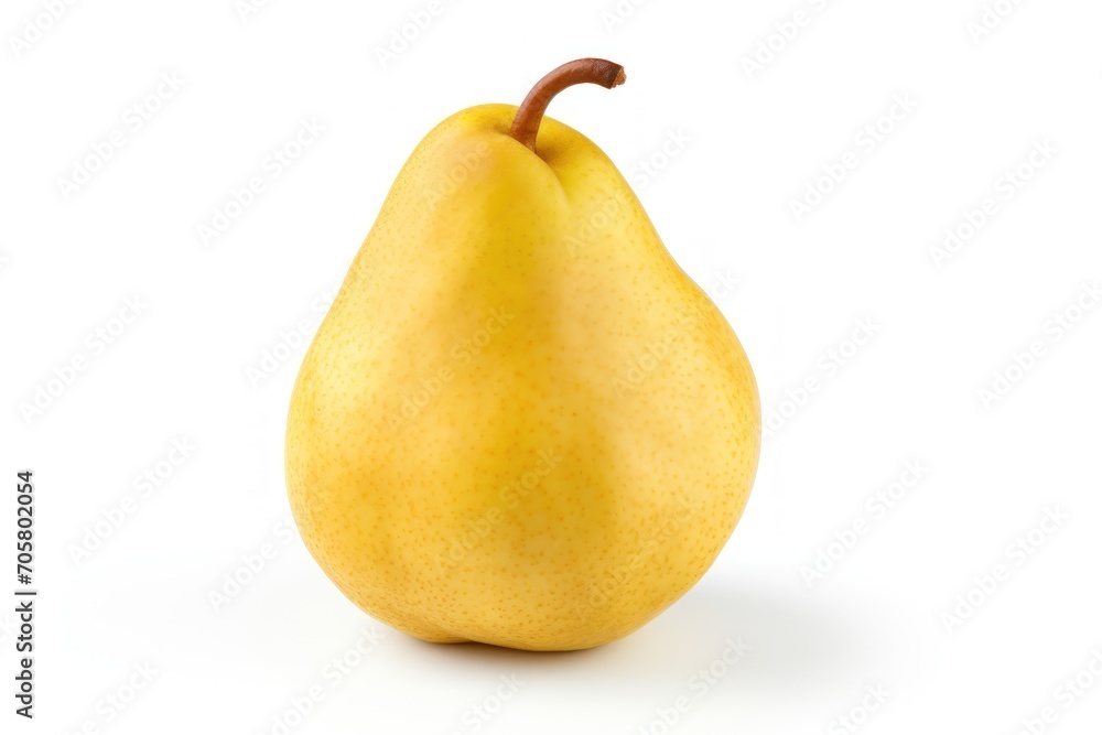 Poster a yellow pear on a white background with a brown stick sticking out of the top of it's head and the 