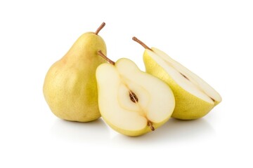  a couple of pears cut in half sitting next to each other on a white surface with a few pieces cut out of them to show the inside of the fruit.