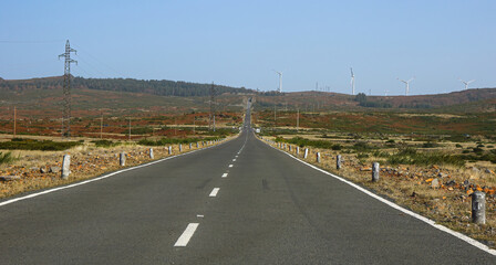 Straight road ER110 on a high plateau of Madeira island, Portugal