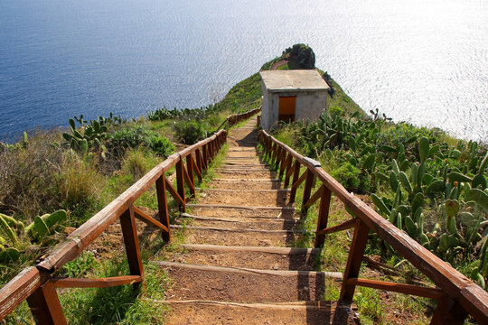 Wooden stairs descending the Cape of Garajau in Cani&ccedil;o near Funchal on Madeira Island (Portugal) in the Atlantic Ocean