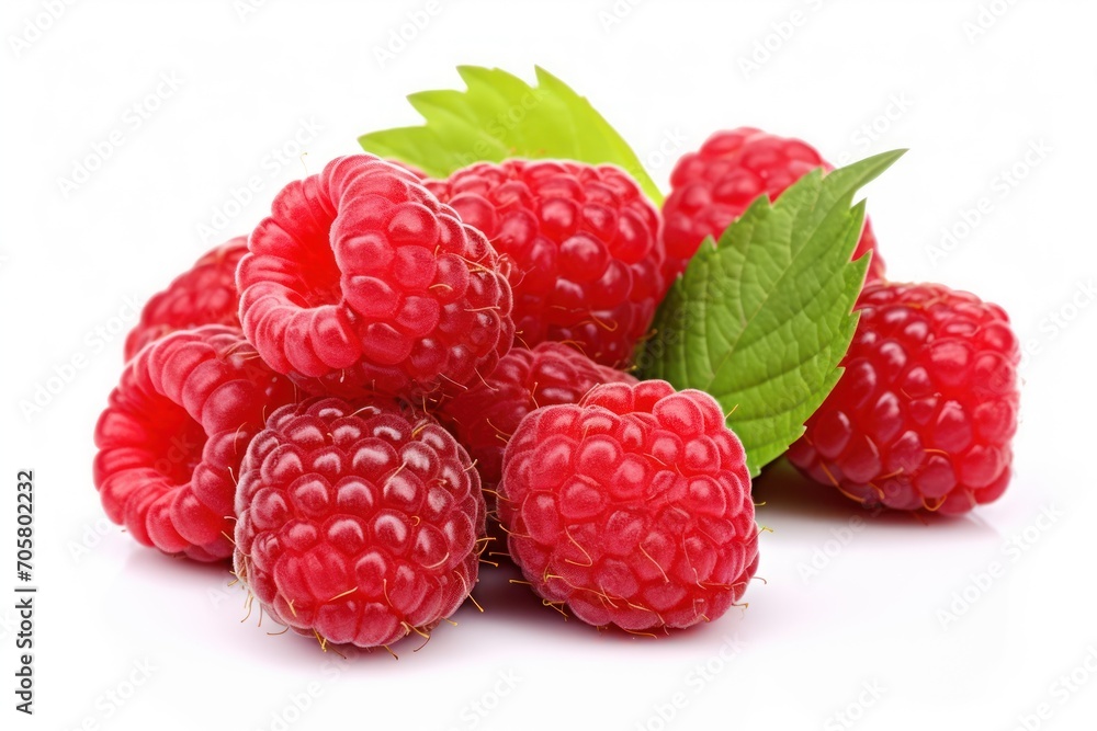 Poster a pile of raspberries with leaves on a white background with a green leaf on top of the raspberries 