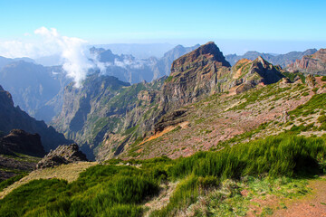 Fototapeta na wymiar Mountainous landscape at the center of Madeira island (Portugal) near the Pico do Arieiro peak, which is the third highest summit of the island