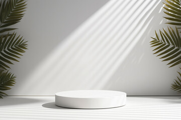 3D realistic minimal white cylinder product pedestal podium background with coconut leaves, studio light for product photo, wall scene mockup concept and banner advertising, beauty cosmetic promotion