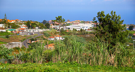 Panoramic view of a residential neighborhood of Santana, a small village on the north coast of Madeira island (Portugal) in the Atlantic Ocean