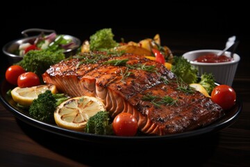  a plate of food with salmon, broccoli, tomatoes, lemons, tomatoes, and a side of ketchup and ketchup on a wooden table.