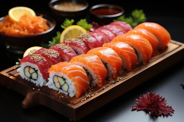  a sushi platter with a variety of sushi on a wooden platter with garnishes and sauces on the side of the platter.