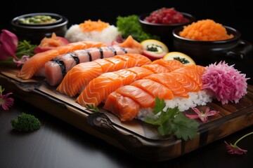  a close up of sushi on a tray with other sushi on a plate in the background and a bowl of vegetables on the side of the plate in the foreground.