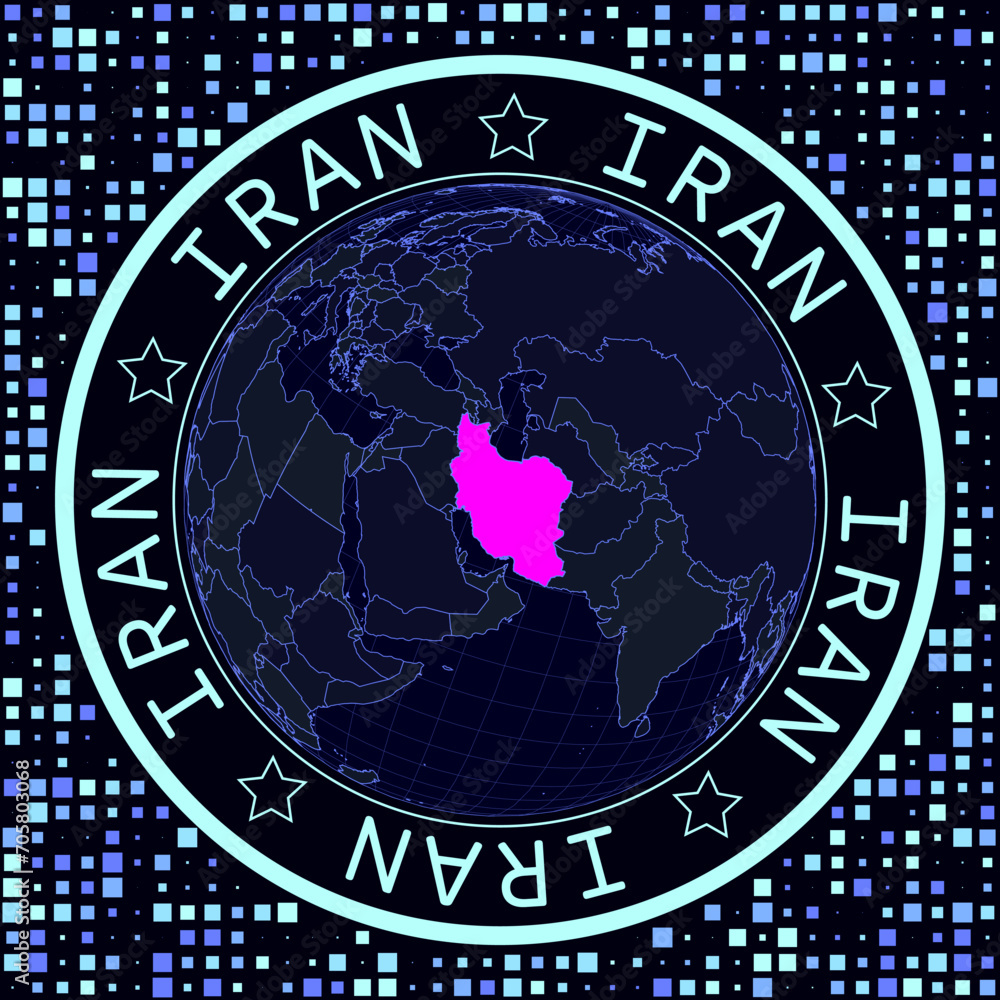 Poster iran on globe vector. futuristic satellite view of the world centered on iran. geographical illustra
