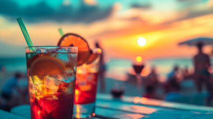 ビーチパーティーの人々とカラフルな夕焼けの海空を使った明るいカクテルドリンクGenerativeAI