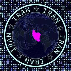 Iran on globe vector. Futuristic satelite view of the world centered to Iran. Geographical illustration with shape of country and squares background. Bright neon colors on dark background.