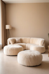 Fototapeta premium Fluffy sheepskin poufs near curved sofa against beige wall with copy space. Minimalist luxury home interior design of modern living room