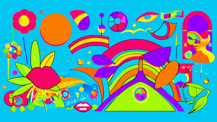 Groovy Elements Set in Retro Hippie Style. Geometric Abstract Vector Stickers
