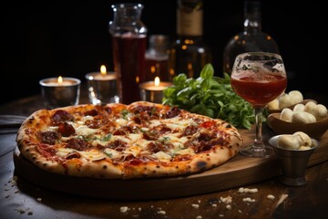  a pizza sitting on top of a wooden cutting board next to a glass of wine and a plate of food next to a bottle of wine and some appetizers.