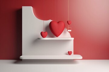 3D heart-shaped cutout hanging from above with a podium on a blank product shelf in a Valentine's theme. Generative AI
