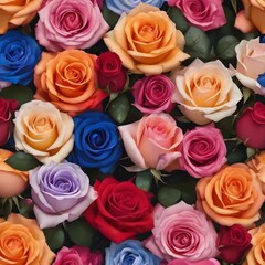 Seamless pattern. Roses of different colors is red, orange, blue, yellow, pink beautifully arranged top view. Theme is that the color of rose represents different meanings of love, Valentine's Day.