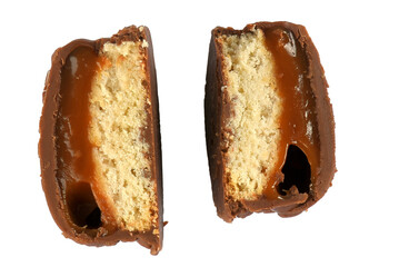chocolate bonbon with dulce de leche delicious caramel sugar filling isolated caloric - obrazy, fototapety, plakaty