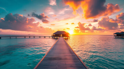 Fototapeta premium モルディブ島の自然の夕日、豪華な水上ヴィラ リゾートGenerativeAI