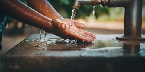 Close up of african child reaches out to a tap of clean water , concept of Child's thirst - obrazy, fototapety, plakaty