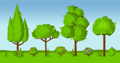 Vector set with cartoon trees and bushes. 