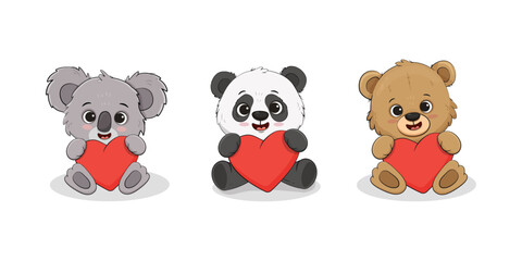 Cute cartoon bear cub, panda,koala, teddy bear with a hearts for your disign. Valentine's day card. Vector illustration
