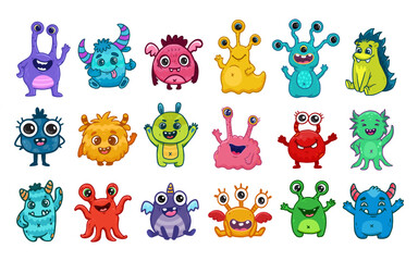 Big set of cartoon monsters. Cute monsters. Kids funny character design for posters, cards, magazins. Vector illustration