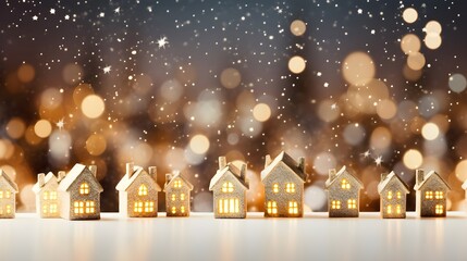 Fototapeta na wymiar White miniature houses in row on bokeh gold blurry background, Christmas Holiday theme, snowing, bokeh lights landscape banner 