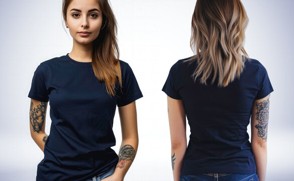 image of tattooed female in dark blue t shirt, feMale model wearing a dark navy blue half sleeves tshirt front view and back view tshirt mockup