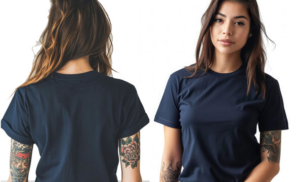 image of tattooed female in dark blue t shirt, feMale model wearing a dark navy blue half sleeves tshirt front view and back view tshirt mockup