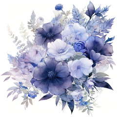A serene bouquet of blue and purple watercolor flowers, ideal for elegant and tranquil design needs.