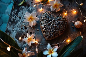 An intricately carved wooden heart lies among tropical frangipani flowers and soft lights, creating a scene of exotic romance and craftsmanship.