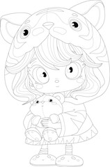 Cute cartoon girl in tiger costume with teddy bear toy sketch template. Graphic vector illustration in black and white for games. Children's story book, fairytale, coloring paper, page, print
