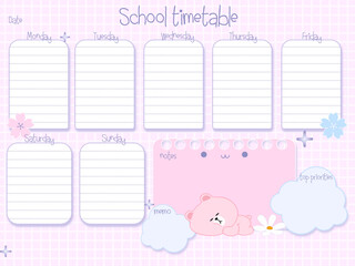 Cute girls school timetable with strawberry, beige, pink, green, magenta, flowers, empty to do list, weekly planer for kid's education, vector reminder ready for print 