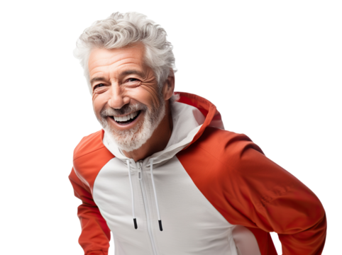 Happy middle-aged man jogging, cut out