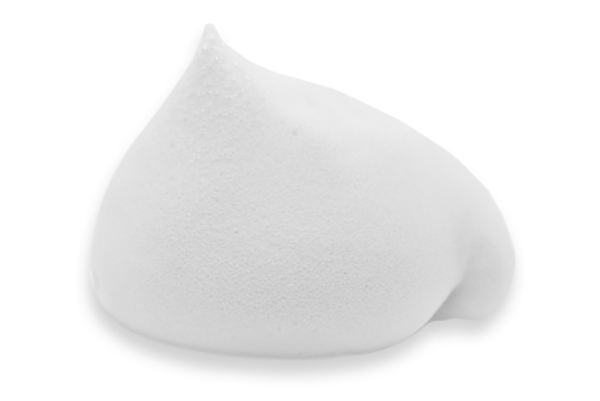 White shaving foam on a white background. Soap foam with drop-shaped bubbles. Skin care