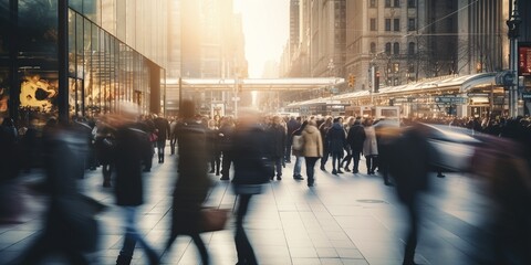 Dynamic shot of a bustling urban environment, with blurred pedestrians illustrating the pace of city life , concept of Vibrant energy - obrazy, fototapety, plakaty