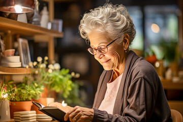 Smiling elegant well-groomed elderly senior woman is reading a book in eco friendly cozy cafe. Lifestyle and recreation of a retired tourist in the city. Healthy aging life with positive emotions