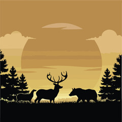 Silhouette deer and forest scene, illustration