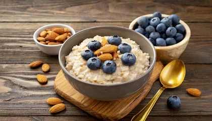 Foto op Plexiglas oatmeal porridge with blueberries almonds in bowl on wooden table background healthy breakfast food © Katherine