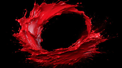 Red  paint splashing circle on isolated black background, generative ai