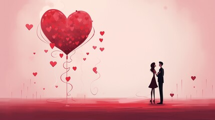 A couple stand together in a love background with heart balloon.