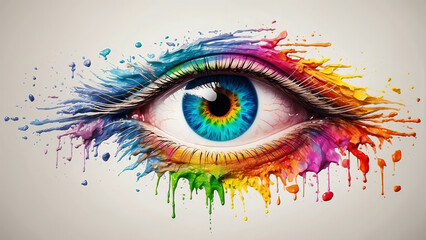 A Brilliant Eye, Splashed in a Carnival of Colors, Paint Bursts Elegantly Frame the Iris, A Vivid Celebration of Art and Vision