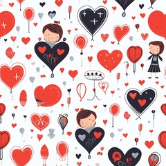 seamless pattern with red hearts and a little girl