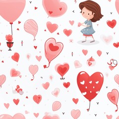 seamless pattern with red hearts and a little girl