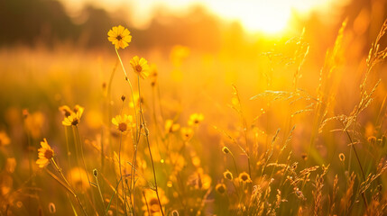 黄色い花の草の草原の柔らかい焦点の夕焼け野原の風景GenerativeAI - obrazy, fototapety, plakaty