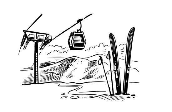 ski resort sketch. Mountain winter lift